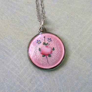 Antique Sterling and Pink Enamel Pendant, Sterling Guilloché Pendant Necklace, 1920's Sterling Enamel Necklace (#4306) 