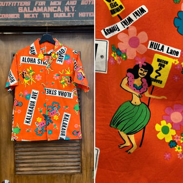 Vintage 1960’s Size XS/S Cartoon Tiki Hula Girl Mod Pop Art Hawaiian Shirt, Cotton, Tropical, 60’s Vintage Clothing 