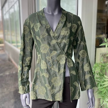 GIORGIO ARMANI Le Collezioni Vintage Sheer Floral Cotton Linen Silk Blend Wrap Jacket - Green - Size 8 - Early 1990s 90s Designer 