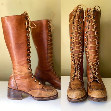 60s ZODIAC sz 8 lace up leather knee high boots / vintage 1970s tan campus stack heel brown hippy Woodstock festival boots 38 