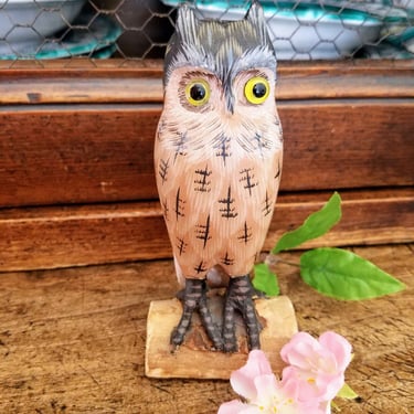Hand Painted Owl Figurine~Vintage Wood Carving Painted Owl~Bird Figurine~Shadow Box Collectible Wooden Owl Decor~JewelsandMetals. 
