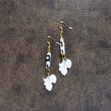 Africa earrings, Afrocentric earrings, batik print earrings, ethnic earrings, carved bone, unique dangle earrings, ivory bone earrings 