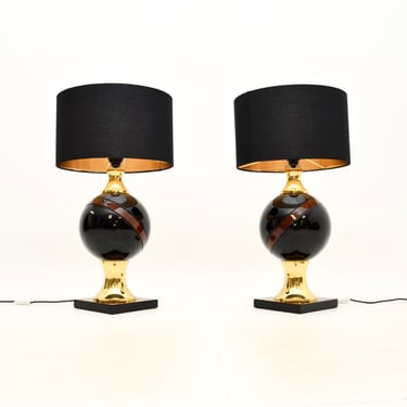 Pair of Vintage Italian Walnut and Brass Table Lamps