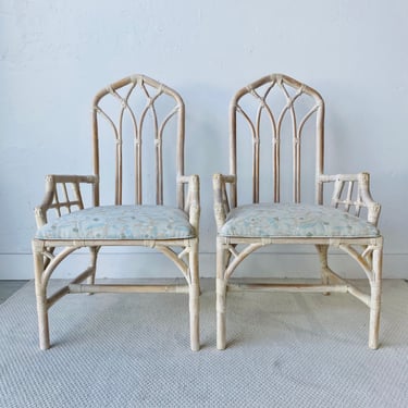 Set of 2 Cathedral Armchairs by Henry Link - Vintage Bamboo Rattan Palm Beach Hollywood Regency Coastal Style Dining Chairs 