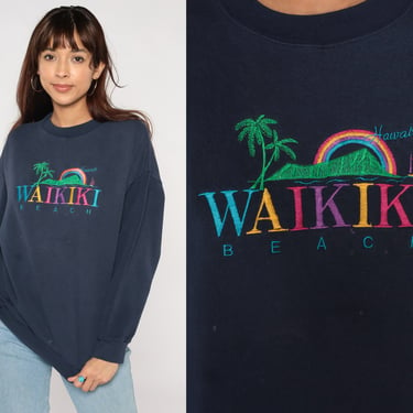 Waikiki Beach Sweatshirt 90s Hawaii Shirt Embroidered Rainbow Palm Tree Island Pullover Crewneck Tourist Navy Blue Vintage 1990s Large L 