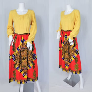 Psychedelic 1970's Yellow Red Medallion Print Maxi Dress I Sz Med I Loungecraft I Hippie I Peasant Dress 