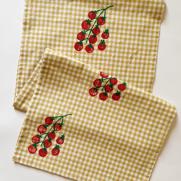 hand block printed table runner. tomatoes on gingham. boho decor. hostess or housewarming gift. cherry tomatoes berry bowl. 