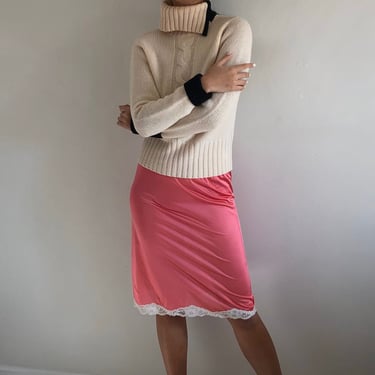 80s slip skirt / vintage grapefruit pink silky satin half slip skirt | XS S 