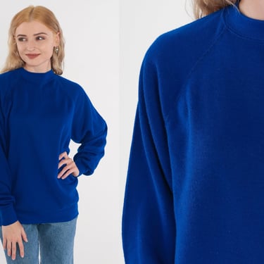 Royal Blue Sweatshirt 70s Knit Pullover Sweater Crew Neck Retro Simple Plain Basic Minimalist Crewneck Jumper Acrylic 1970s Vintage Medium M 