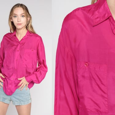 Fuchsia Silk Blouse 90s Hot Pink Button Up Shirt Retro Plain Simple Long Sleeve Collared Top Preppy Basic Minimalist Vintage 1990s Medium M 