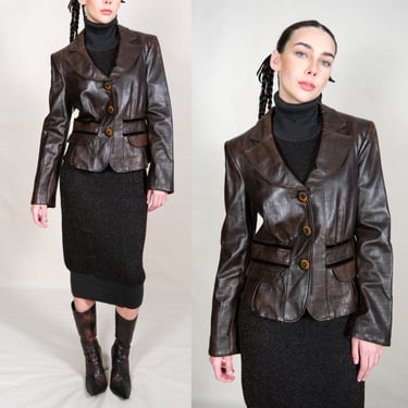 GIORGIO ARMANI Runway Brown Crocodile Embossed Lambskin Leather Jacket w/ Velvet Trim | Made in Italy | 100% Leather | Y2K Designer Jacket 