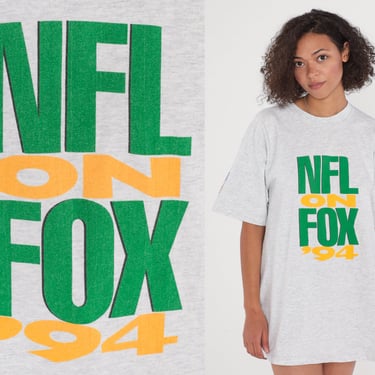 NFL On Fox '94 Shirt 90s Football T-Shirt 1994 Fox Sports Graphic Tee Retro Athletic TShirt Single Stitch Heather Grey Vintage 1990s Mens XL 