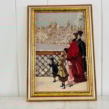 Vintage Framed Needlepoint in Wood Frame, family on Bow Bridge New York, gold frame, Victorian scene, for home decor, wall art, gift 