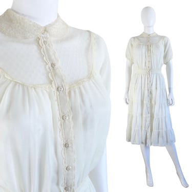 1970s Ivory White Semi-Sheer Prairie Dress - 1970s Prairie Dress - 1970s Ethereal Dress - 1970s Boho Wedding Dress | Size Small / Med 