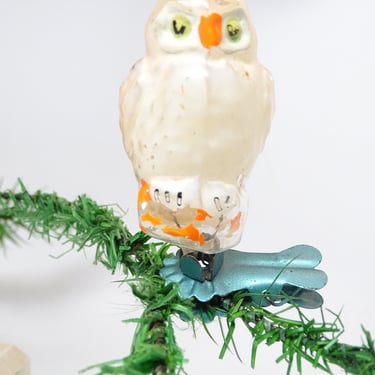 Antique Hand Painted Russian Mercury Glass Owl Christmas Ornament Clip, Vintage Feather Tree Decoration 