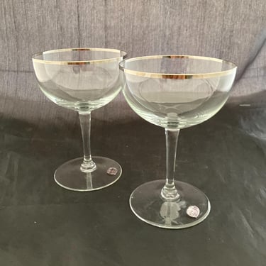 Set of 2 Mid Century Modern Coupe Cocktail Glasses, 5 OZ, Thin Silver Platinum Rim Trim, Antique Champagne Saucers, Martini Up Glasses 