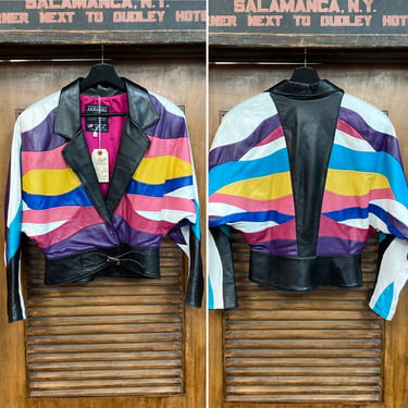 Vintage 1980’s Rare Style Multi-Color New Wave Cropped Leather Jacket, 80’s Batwing, Vintage Clothing 