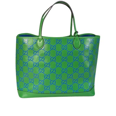 Gucci - Green & Blue Monogram Embossed Leather Tote Bag