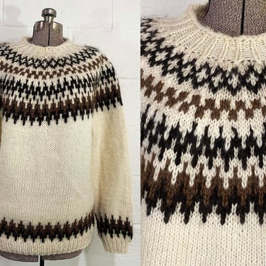 Vintage Wool Sweater Icelandic Fair Isle Ski Pullover Long Sleeve Knit Twin Peaks Fair Isle Brown Beige Ivory Hygge Oversized XL XXL 1970s 