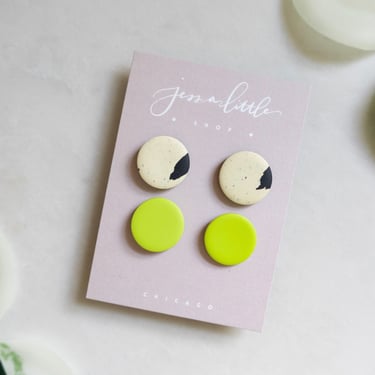 Stud Pack #6 | Vanilla Bean + Chartreuse, Polymer Clay Earrings, Hypoallergenic Stainless Steel Posts, Statement Studs, Round Studs 