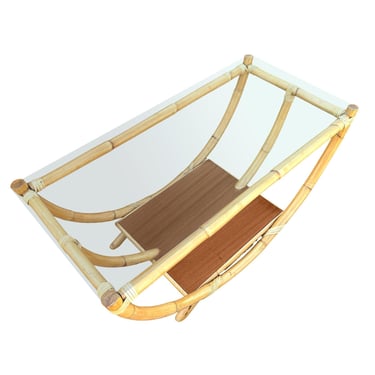 Restored Rattan Boat Shaped Coffee Table with Mahogany Shelf 