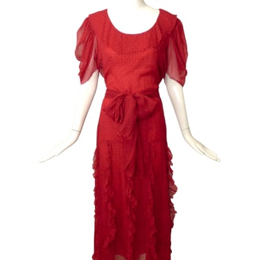 ANNA WEATHERLEY- 1980s Red Chiffon Print Dress, Size 8