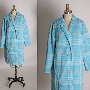 1960s Turquoise Blue and Gray Plaid Long Sleeve Polyester Coat -1XL 