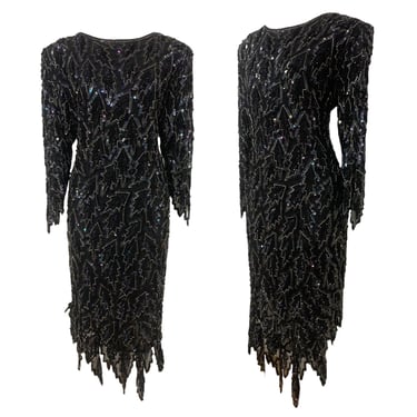 Vtg Vintage 1980s 80s 1920s 20s Style Glam Oversized Sequin Black Shift Dress 