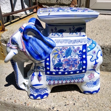 Asian Planter, Ceramic Blue and White Porcelain, Elephant Planter, Oriental Home Decor 