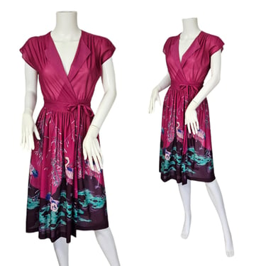 1970's Magenta Purple Crane Bird Print Poly Wrap Dress I Sz Sm I Trolley Car 