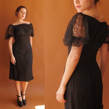 Vintage 50s Black Lace Square Neck Sheath Dress/ Size Small Medium 27 