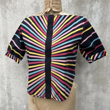 Vintage 1940s Black Background Colorful Striped Print Blouse Sportswear DressTop
