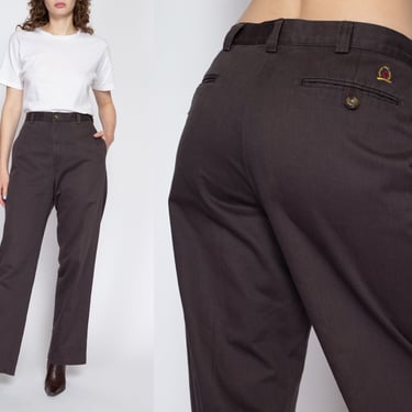 32x32 90s Tommy Hilfiger Dark Brown Trousers Unisex | Vintage High Waisted Flat Front Tapered Leg Pants 