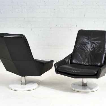 Black Leather Lounge Chairs with Calcutta Marble Bases, 1970