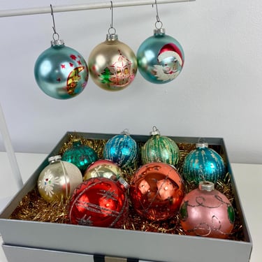 Vintage West Germany Glass Ornament mixed dozen, Hand Painted Mercury Glass Ornaments, Mica Glitter Stencil Santa Claus Moon, Christmas Tree 