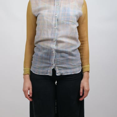 2010s Yellow and Blue Plaid Sheer Dries Van Noten Silk Blouse