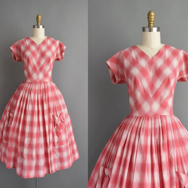 vintage 1950s dress | Mr. Henry Red Plaid Print Cotton Full Skirt Summer Dress | XS Small | 50s dress 