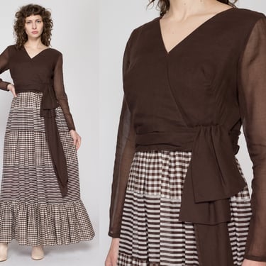 Medium 60s 70s Brown Gingham & Striped Hostess Dress | Retro Vintage Long Sleeve V Neck Maxi Dress 