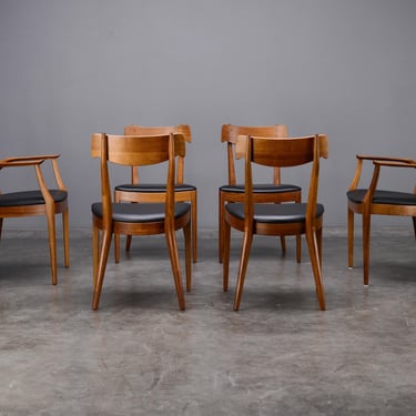 6 Drexel Declaration Kipp Stewart Mid Century Dining Chairs Walnut & Black Leather 