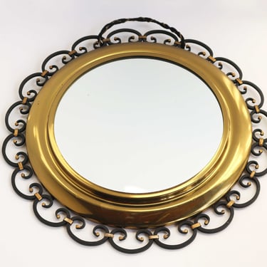 Vintage Round Shape Wrought Iron and Brass Wall Mirror Black and Golden Accents French Hall Mirror Regency Style  Entry hall Mirror 1960s 