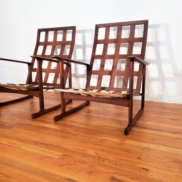 Mid Century Kofod Larsen for Selig Pair of High Back Wood Lounge Chairs 