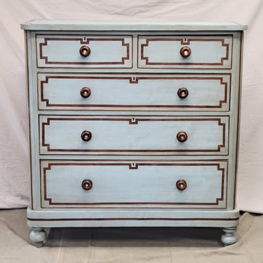 Antique English Blue Painted Dresser With Mahogany Pulls Inset With Mother-of-Pearl