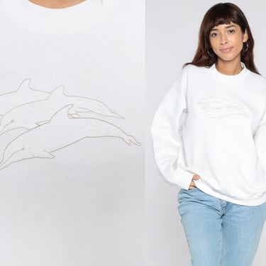 Dolphin Sweatshirt 90s White Crewneck Shirt Animal Print Jumper Under The Sea Sweatshirt Graphic Sweater Vintage Kawaii Extra Large xl 