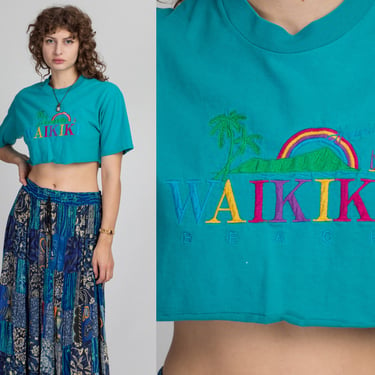 90s Waikiki Hawaii Crop Top - Medium | Vintage Teal Rainbow Embroidered Cropped T Shirt 