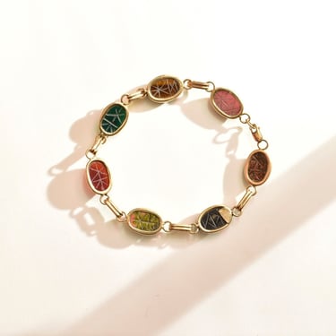 14K Scarab Bracelet, Carved Multi-Stone Link Bracelet, Natural Gemstones, Yellow Gold, Egyptian Revival, 8 1/8" L 