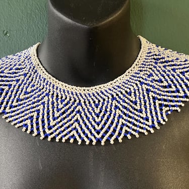 vintage beaded collar blue and white seed bead dress collar / statement necklace 