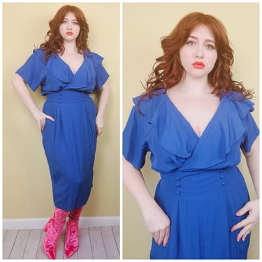 1990s Maggie Lawrence Blue Ruffled Wiggle Dress / Rayon Acetate Wrap Midi Length Dress / XL 