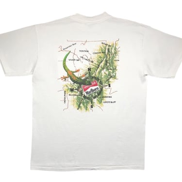 Vintage 90s Marlboro Adventure Team Double Sided Outlaw Gap Lizard Map Graphic T-Shirt Size XL 