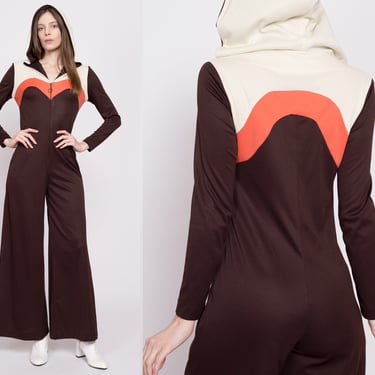 M| 70s Color Block Hooded Bell Bottom Jumpsuit - Petite Medium | Retro Vintage Striped Palazzo Disco Pantsuit 