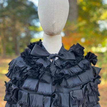 Witchy French Late 19th Century Black Silk Taffeta Capelet Ruffle Design Antique 